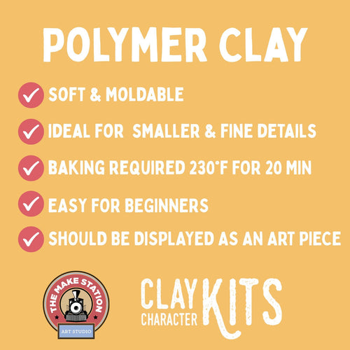 Yellow background with text about polymer clay properties and Clay Kits branding.