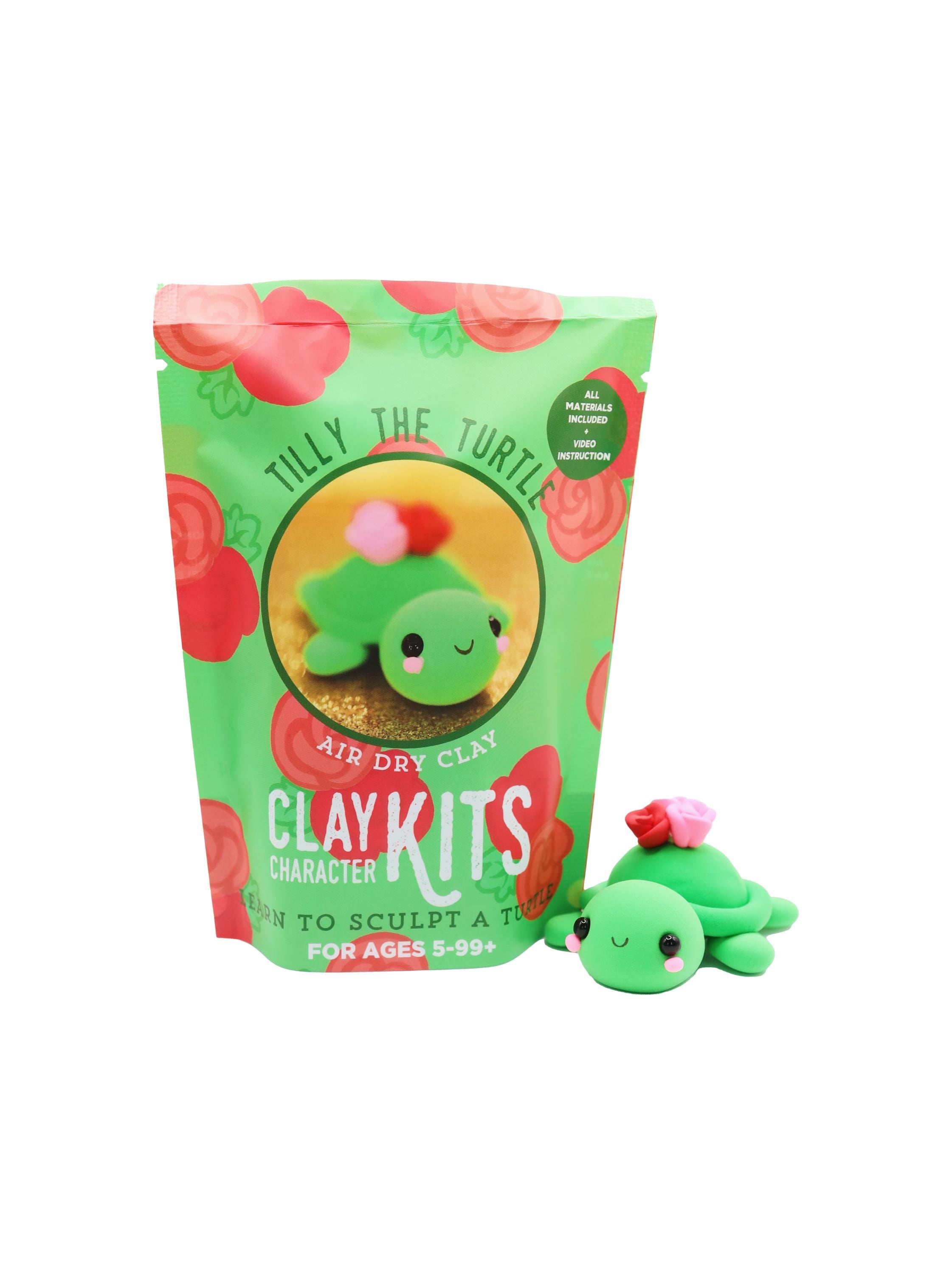 Green Clay Kits packaging with a turtle character and a small green turtle toy on a white background