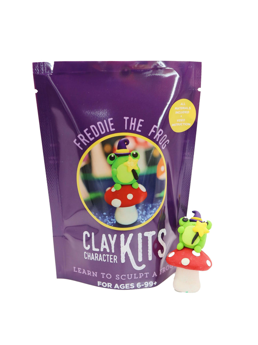 Clay kit packaging with a frog character on a white background
