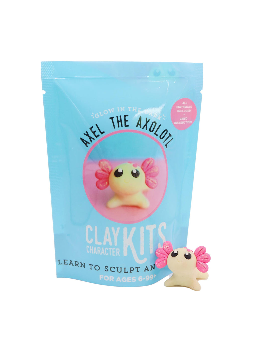 Axel the Axolotl clay kit packaging with a small clay model of an axolotl on a white background