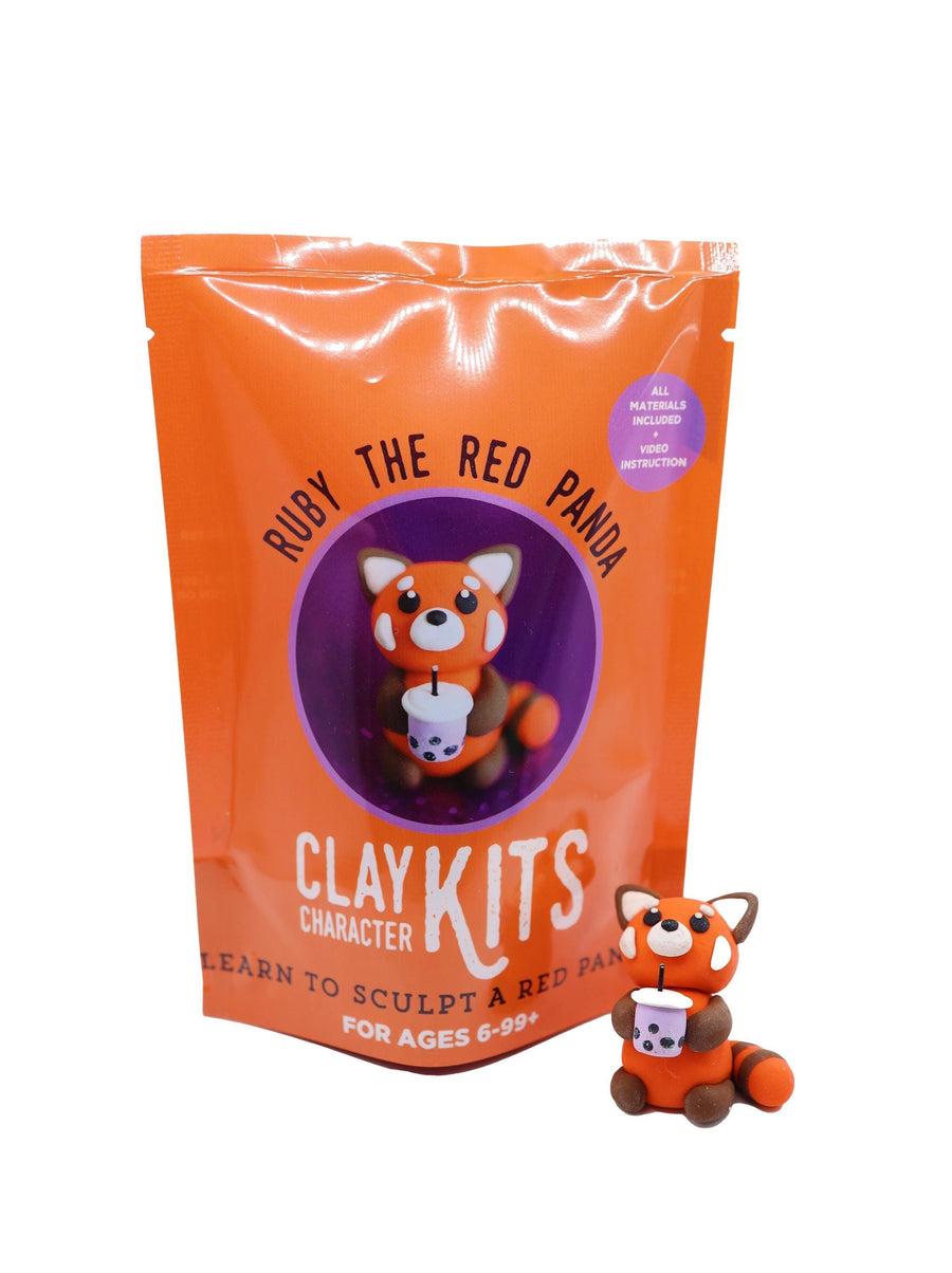 Clay kit packaging with a red panda character and an actual red panda clay model on a white background.