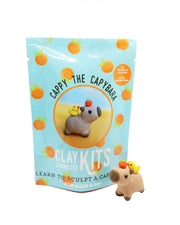 Capybara clay kit with packaging featuring a capybara and orange elements on a white background