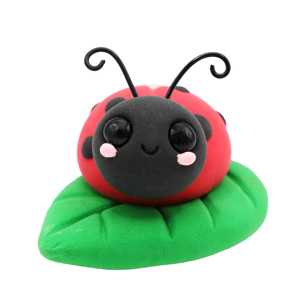 air dry foam clay ladybug on a green leaf with a white background