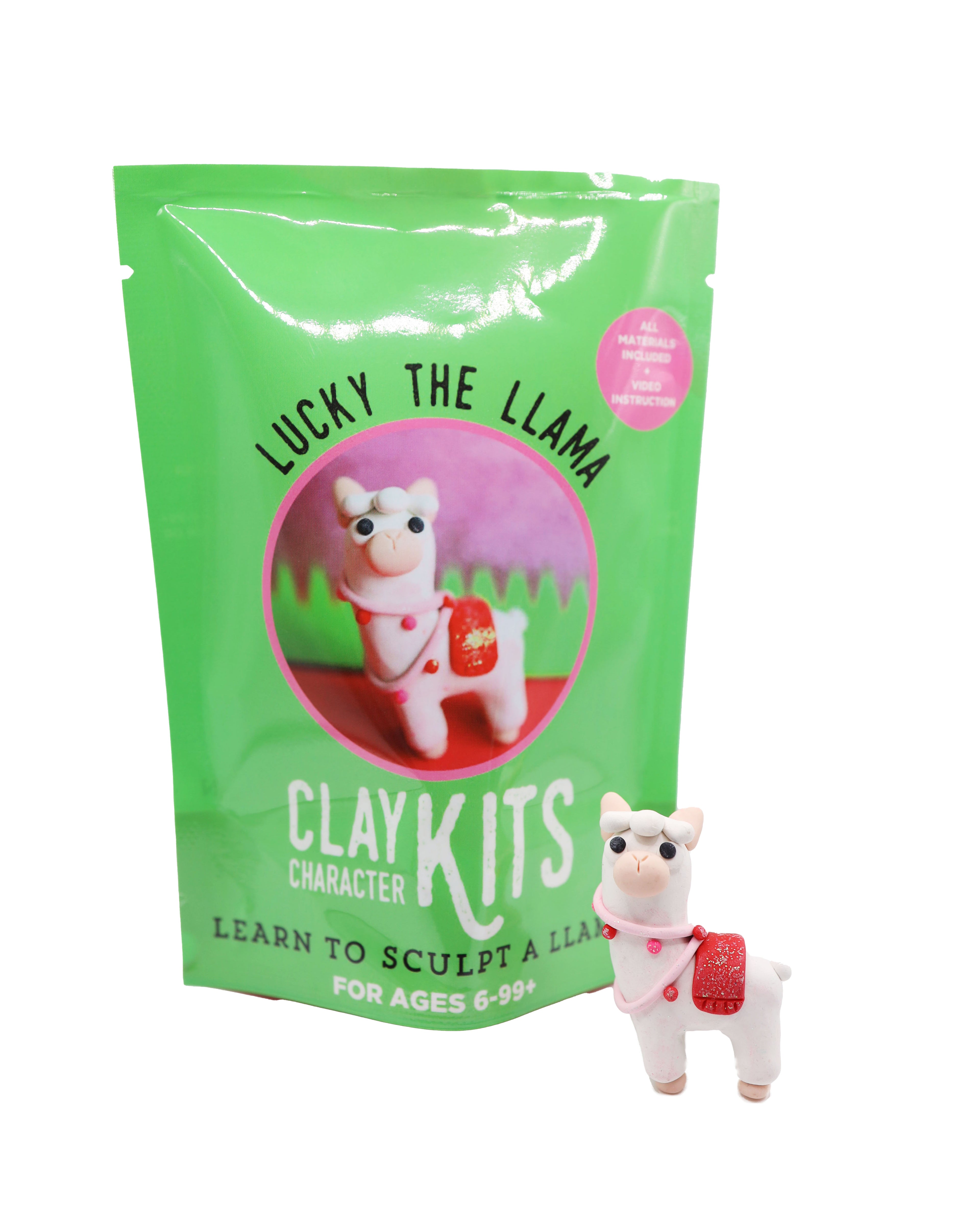 Clay kit packaging with a llama figure in front on a white background