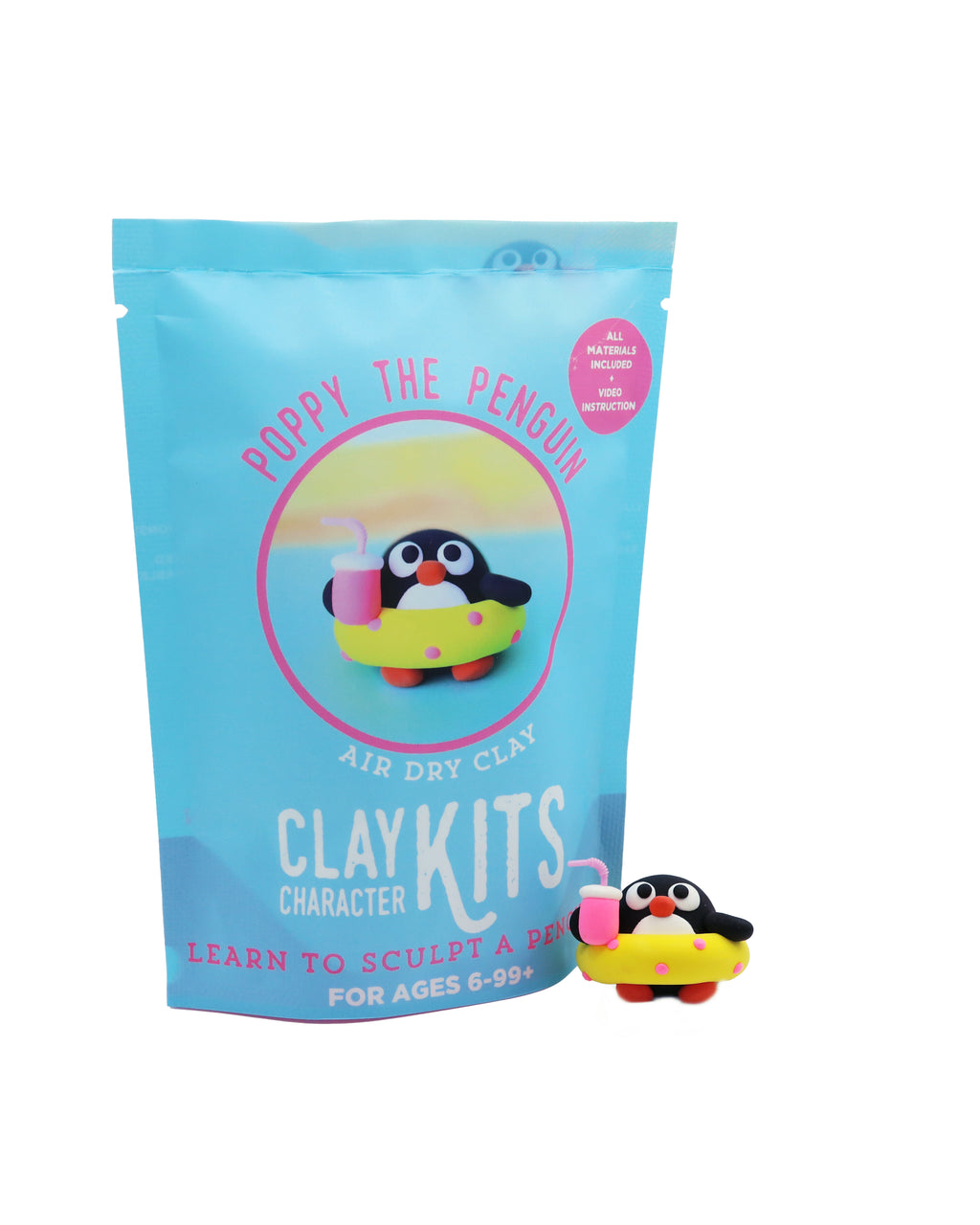 Clay kit packaging with a penguin character on a white background