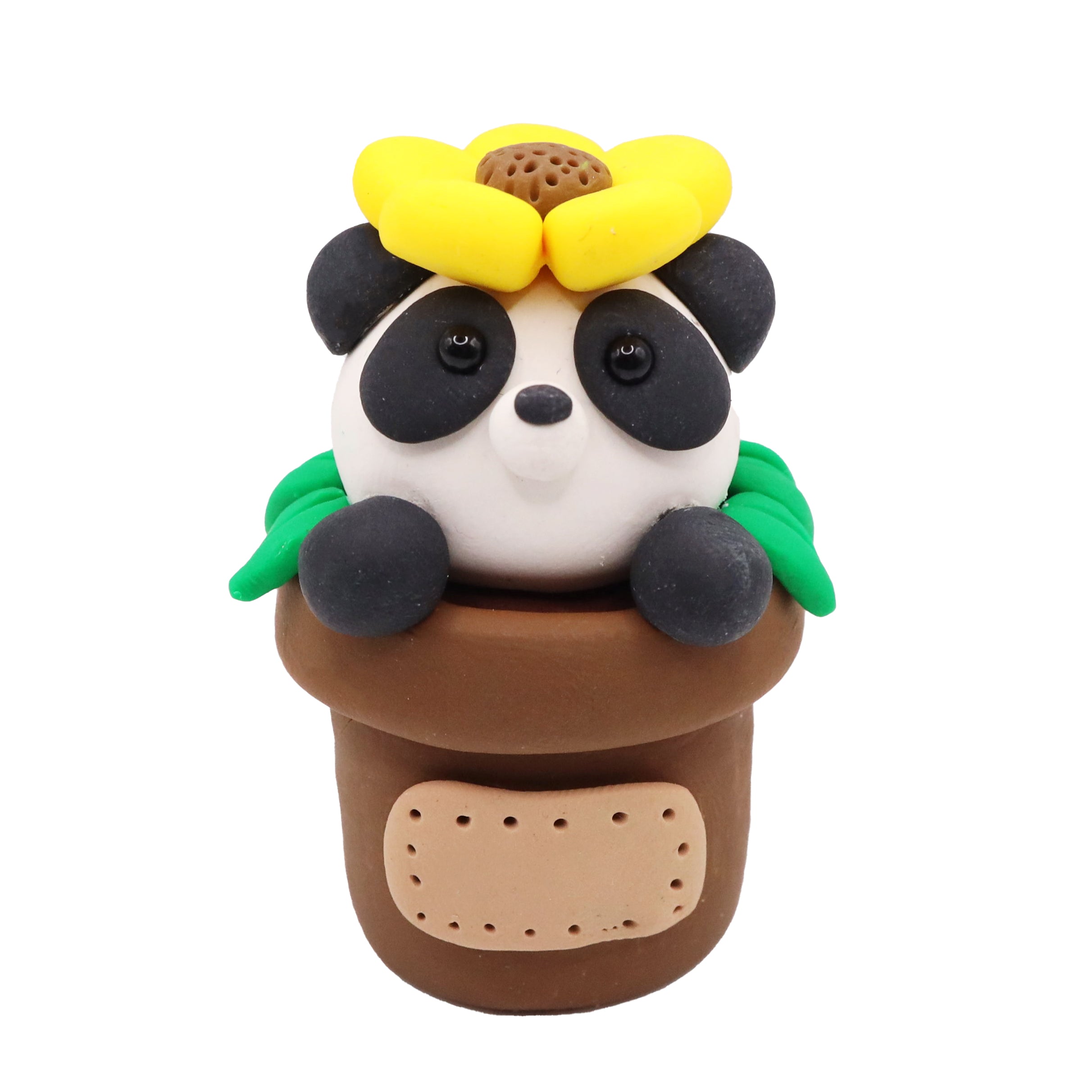 polymer clay Panda in a flower pot with a sunflower on a white background
